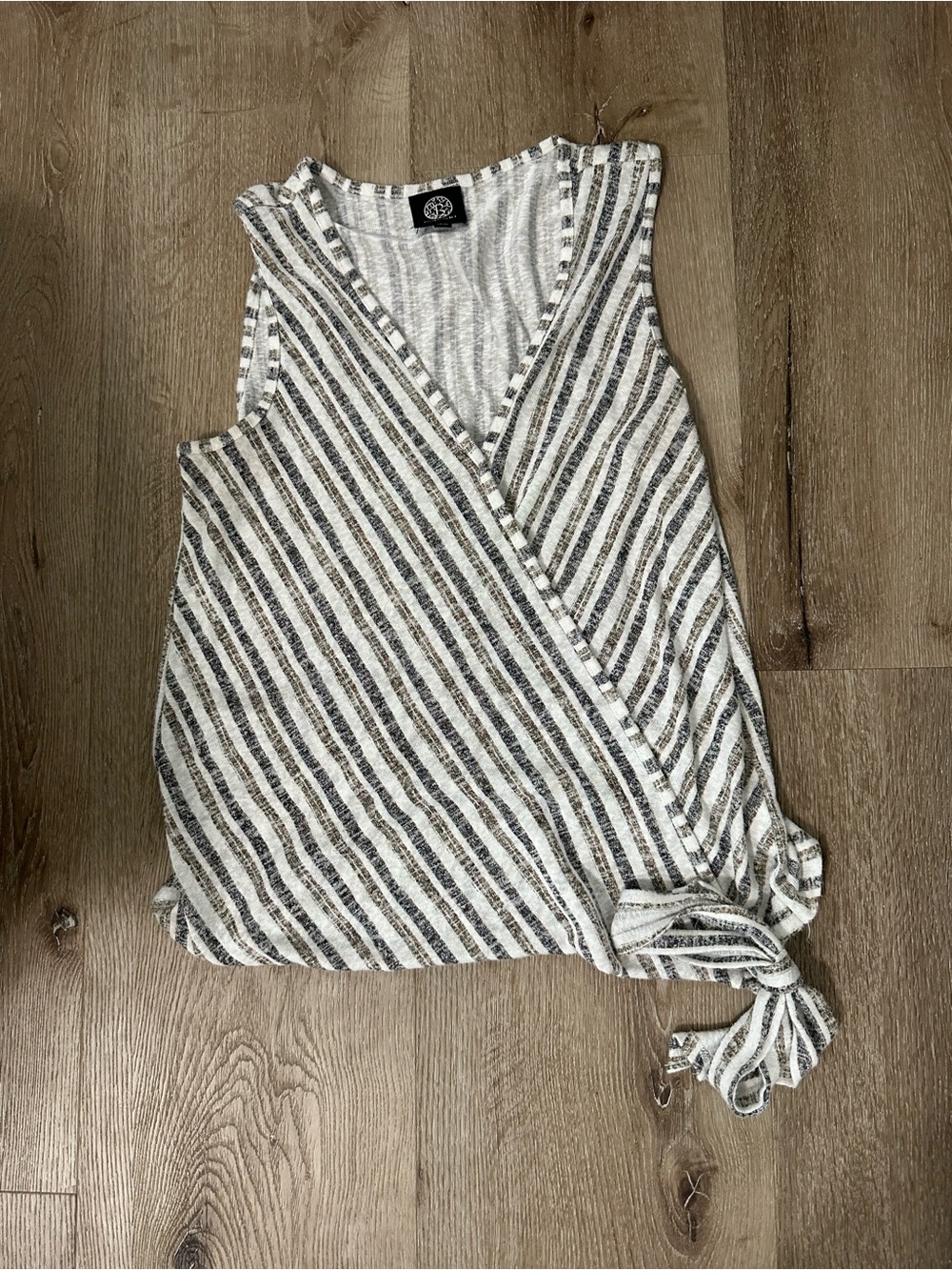 Striped Wrap Tank Top with Side Tie - Gray & White